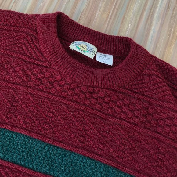 Flatiron Mills Pullover Sweater Vintage Textured Knit Red & Green Holiday Stripe - Picture 3 of 9